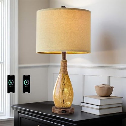 OYEARS 23" USB A+C Table Lamp for Bedroom Living Room Modern Bedside Lamps Retro Farmhouse Rattan Glass Nightstand Nightlight Lamps (Amber),Two Light Points - color: Wood Brown