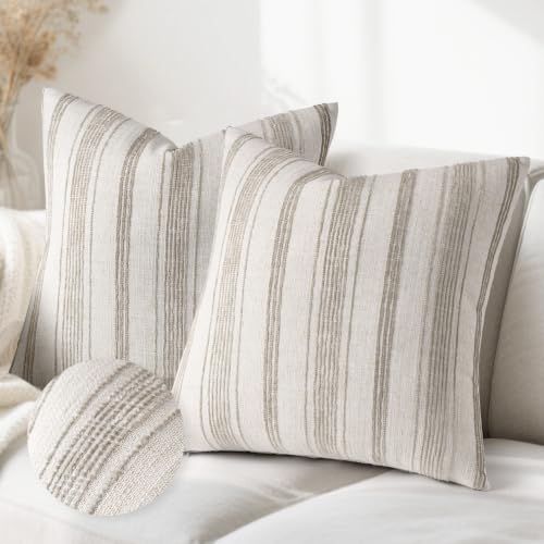 AELS 18x18 Decorative Farmhouse Linen Throw Pillow Covers, Beige with Brown Chenille Striped Pillow Case, Set of 2, Boho Textured Cushion Cover for Sofa Couch Living Room (Cover ONLY) - color: Beige With Brown, size: 18" x 18" (Pack of 2)