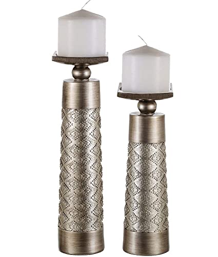 Creative Scents Dublin Silver Decorative Candle Holder Set of 2 - Home Decor Pillar Candle Stand, Coffee Table Mantle Decor centerpieces for Fireplace, Living or Dining Room Table, Gift Boxed - color: Silver