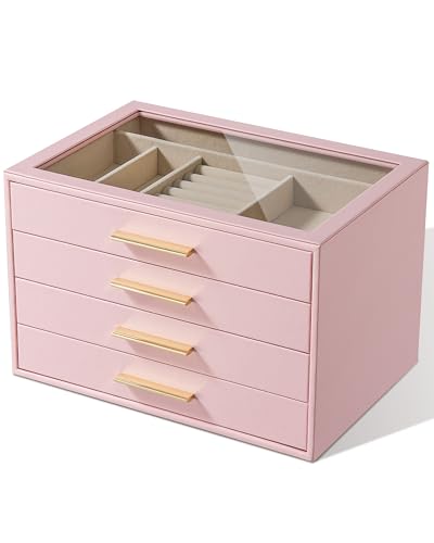 Jewelry Box Organizer Storage Case, 4-Layer with Glass Window, Pink - color: Pink, size: 4 layer