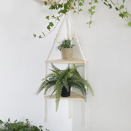 Artilady Corner Shelf Macrame Wall Hanging, Boho Wood Storage Wall Decor - color: White - 2 Tier