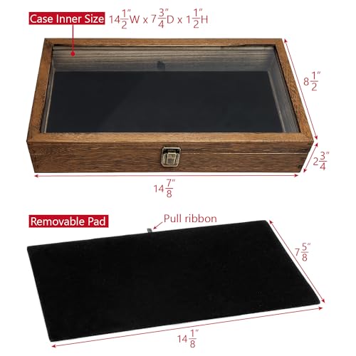 MOOCA Wood Jewelry Display Case with Tempered Glass Top, Velvet Pad - color: 9A) Brown, 2.75 Inch High