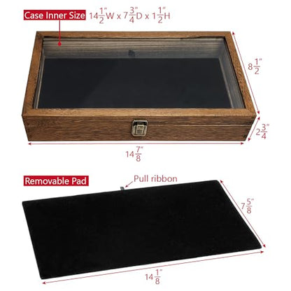 MOOCA Wood Jewelry Display Case with Tempered Glass Top, Velvet Pad - color: 9A) Brown, 2.75 Inch High