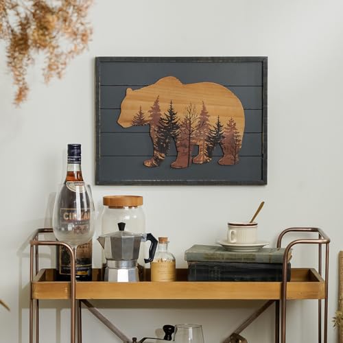 NIKKY HOME Cute Bear in The Forest Woodland Decorative Wood Framed Wall Art Prints Cabin Decor, 16" x 12", Dark Slate Grey - color: Bear, size: 16"L x 12"W