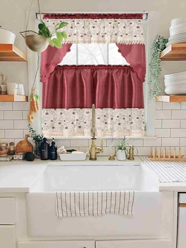 Generic 3-Piece Set Embroidered Window Curtain 2 Panels 1 Valance for Kitchen Restaurant Bar BR (Burgundy BR-01) - color: Burgundy Br-01