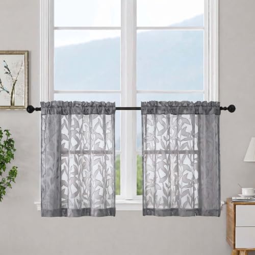 OWENIE Leyna Grey Sheer Curtain 24 Inch Length Cafe Curtains 2 Panels - color: Charcoal Gray, size: 28"W x 24"L (Pack of 2)