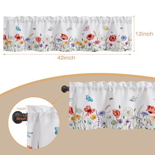 Valances Curtains for Windows, Watercolor Wildflowers and Butterfly Insect Semi Sheer Curtain Valances,Rod Pocket Short Window Treatment Light Filtering Decor Valances for Kitchen Living Room -42"x12" - color: Butterfly Flowers, size: 12"W x 42"L (Pack of