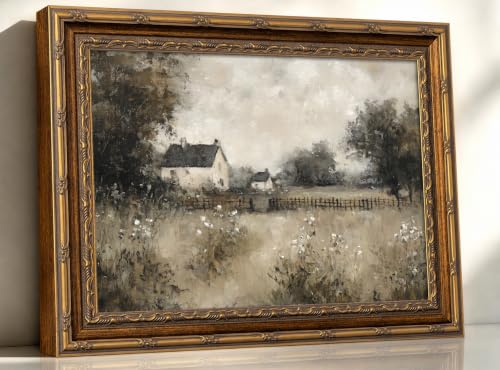 Vintage Gold Framed Wall Art - Moody Countryside Landscape Oil Painting Antique Farmhouse Cottage Wall Decor Ornate Framed Canvas for Living Room, Office & Entryway Rustic Pastoral Art 12x16in - color: garden, size: 16"L x 12"W