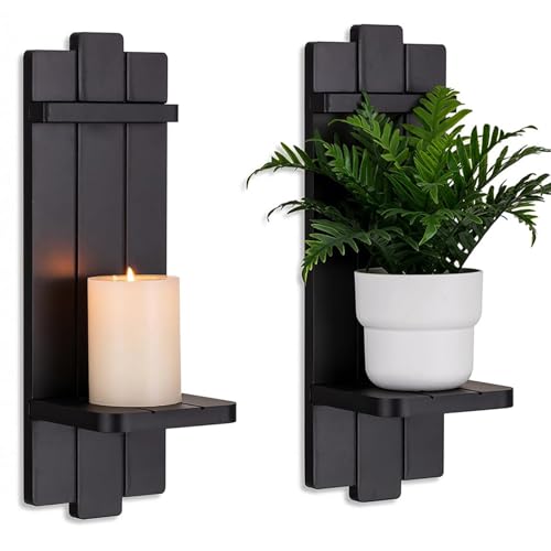 Black Wood Wall Candle Holder Set of 2 - color: Black, size: 15.7in x 5.1in
