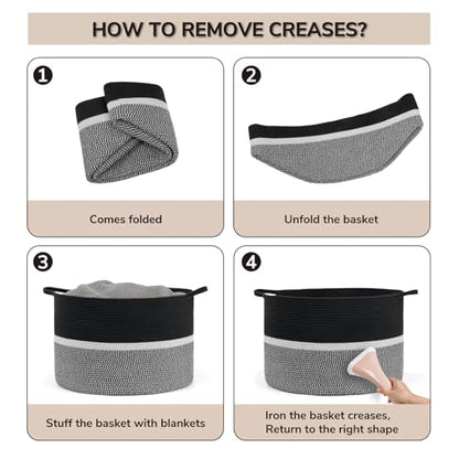 CHICVITA Extra Large Woven Rope Blanket Basket with Handles, Black - color: Black and Gray