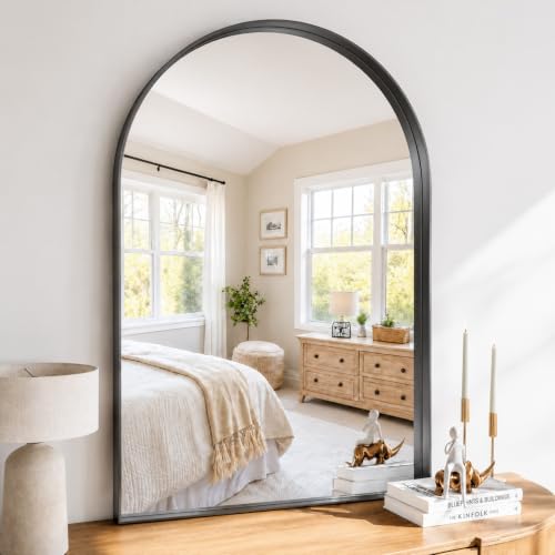 40"x36" Black Arched Mirror, Arched Wall Mirror with Metal Frame, Wall Mounted Large Arched Mirror for Living Room, Restroom, Entryway, Tempered Glass, Modern Home Decor - color: Black-square Corner, size: 40"L x 36"W
