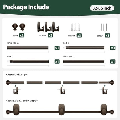 KAMANINA No Drill Curtain Rods 32-86" Adjustable, Renter Friendly, Bronze - color: Bronze, size: 32-86"