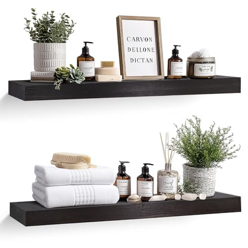 Solid Wood Floating Shelves, 36 Inch Wall Shelves, Set of 2, Black - color: Black, size: 36x8x1.6
