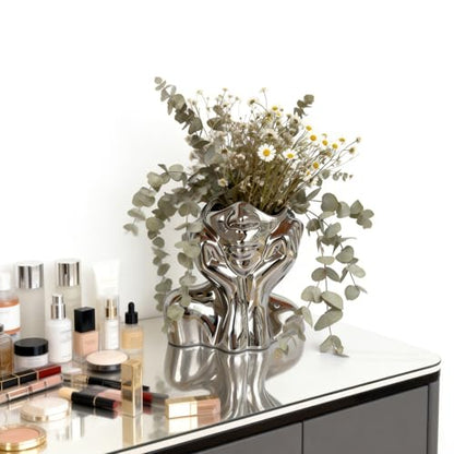 Silver Ceramic Human Face Vase, Shy Posture Decorative Human-Shaped Vase Modern Silver Decorative Art Vases - style: Silver Hands on Cheeks