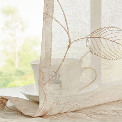 Topick Beige Sheer Leaf Curtain Kitchen Valance for Windows Leaf Embroidered Voile Small Curtain Valance Semi Sheer Farmhouse Curtain 16 Inch Rod Pocket 1 Panel Beige - color: Beige, size: 55"W x 16"L (Pack of 1)