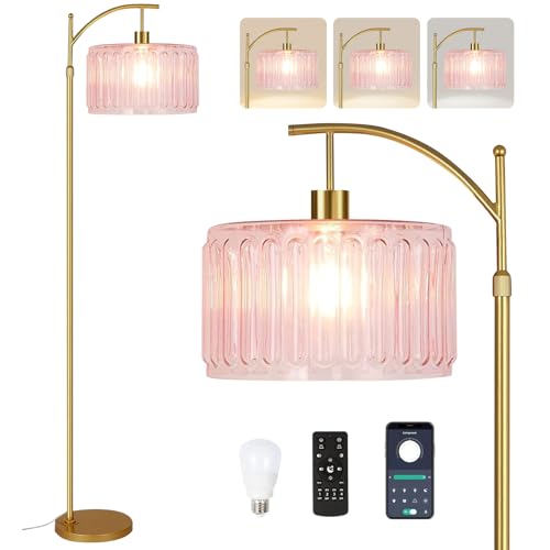 QIYIZM Pink Floor Lamp for Living Room,Bedroom,Gold Dimmable Standing Lamp with Remote,Mid Century Modern Brass Tall Lamp Boho Floor Lamps Arc Stained Glass Flower Floor Light Lamp Girls kids Bohemian - size: Floor Lamp--10