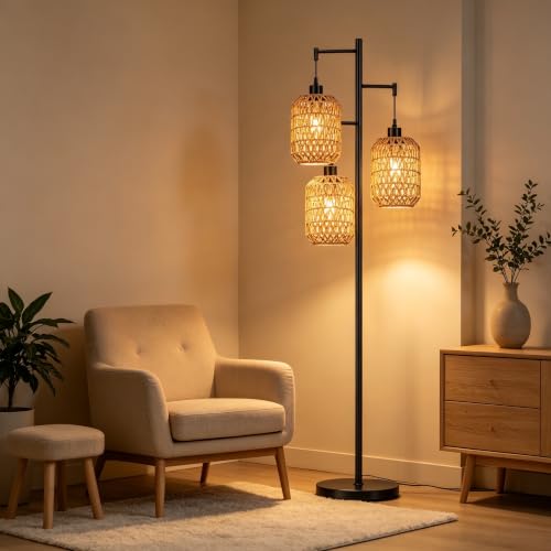 QIYIZM Floor Lamp for Living Room,Bedroom,Boho Rattan Tree 3 Lights Farmhouse Floor Lights,Industrial Black Standing Lamp Wicker Rustic Tall Lamp,Woven Bamboo LampShade Floor Lamps Bohemian - size: Floor Lamp--17