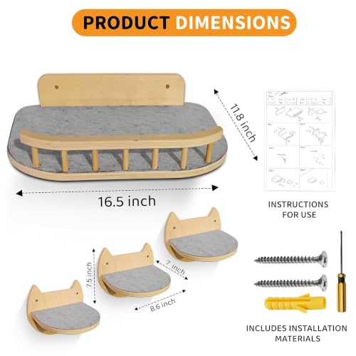 Cat Wall Shelves, Modern Cat Wall Furniture for Indoor Cats - color: Natural Wood, 3 Steps + Perch
