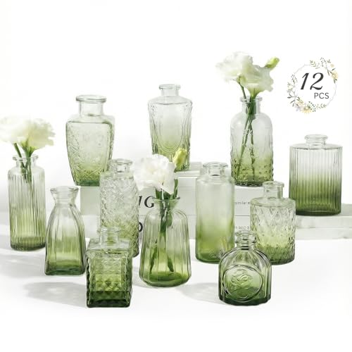 RUCKAE 12 Pack Glass Bud Vases Mini Flower Vase Small Vintage Vases for Centerpiece Table Wedding Decorations Home Decor Party(Gradient Green) - color: Gradient Green