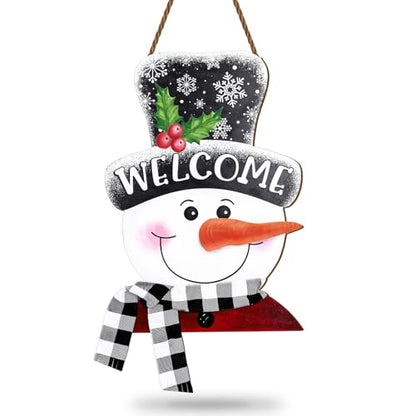 Whaline Winter Snowman Wooden Hanging Sign with Black White Buffalo Plaid Scarf Ribbon Snowman Welcome Sign Xmas Door Decor Sign for Christmas Winter kitchen Indoor Outdoor Porch Wall - style: vivid