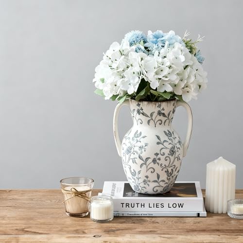 Emotionally Grounded Vase, Vaseking Large Ceramic Rustic Vase with 2 Handles, 8.3 inch Minimalist Decorative Farmhouse Tall Vases for Home Decor, Living Room, Enterway, Table Decoration, Gray Floral - color: 19402-gray and White