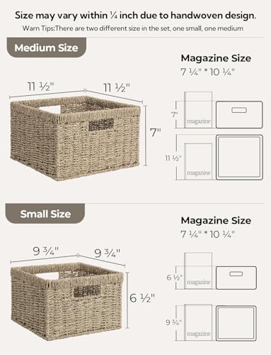 StorageWorks Wicker Storage Baskets for Shelves, Seagrass Baskets, 2-Pack - color: Natural (Seagrass), size: 11½"L x 11½"W x 7"H + 9¾"L x 9¾"W x 6½"H