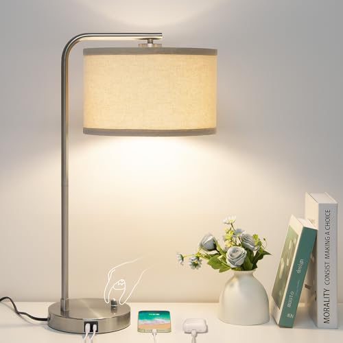 25" Tall Modern Bedside Lamp with USB C+A Ports, Fully Dimmable Table Lamp - color: Silver
