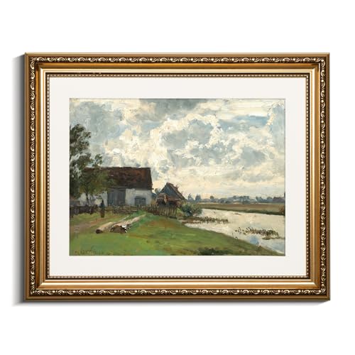 VIYYIEA Gold Framed Countryside Wall Art River Canvas Painting, 13×16 Inch - color: Riverside farmhouses, size: 16"L x 13"W