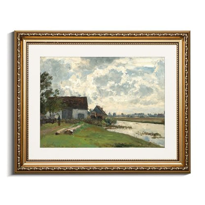 VIYYIEA Gold Framed Countryside Wall Art River Canvas Painting, 13×16 Inch - color: Riverside farmhouses, size: 16"L x 13"W