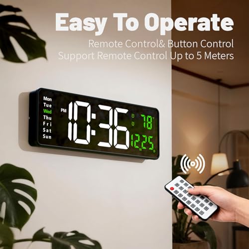 Digital Wall Clock with Automatic Brightness - LED Large Display Silent Clock for Living Room Bedroom Kitchen, Silent Wall Clock with Date Temperature, Decorative Digital Clock for Home Office
