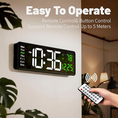 Digital Wall Clock with Automatic Brightness - LED Large Display Silent Clock for Living Room Bedroom Kitchen, Silent Wall Clock with Date Temperature, Decorative Digital Clock for Home Office
