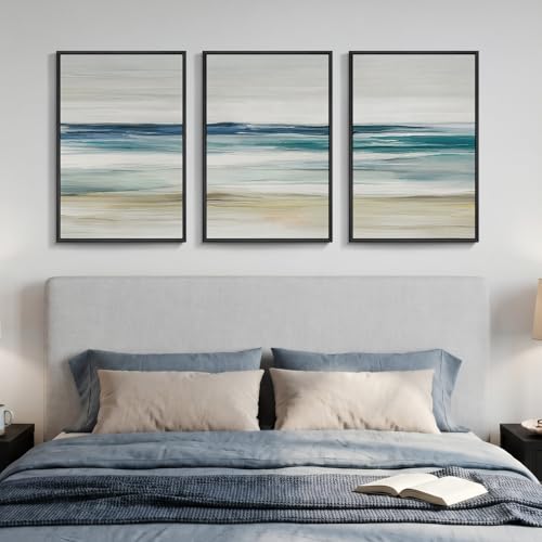 Framed Blue Abstract Coastal Ocean Seascape Wall Art Bedroom, 16x24 Inch - color: 3 Piece-Abstract Coastal, size: 16" W x 24" H x 3Pcs