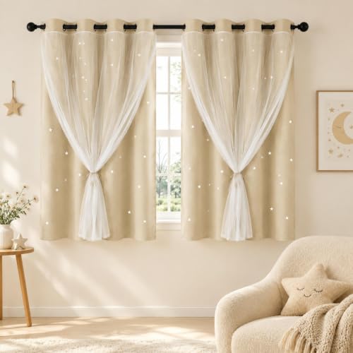 Beige Kids Star Cutout Curtains for Bedroom 52" W x 45" L 2 Panels - color: Beige, size: 52"W x 45"L (Pack of 2)