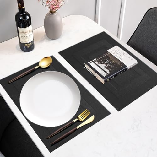 PIGCHCY Placemats,Washable Vinyl Woven Table Mats,Elegant Durable Placemats for Dining Table Set of 4 (18 x 12 inches, Pure Black) - color: Box: Black Pure, size: 4 Placemats
