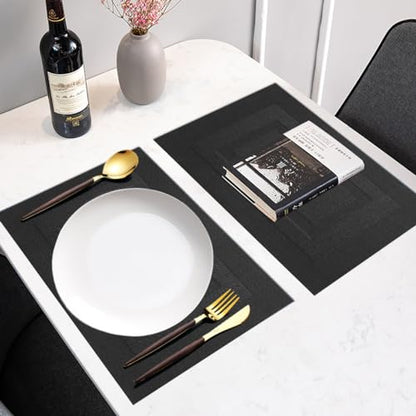 PIGCHCY Placemats,Washable Vinyl Woven Table Mats,Elegant Durable Placemats for Dining Table Set of 4 (18 x 12 inches, Pure Black) - color: Box: Black Pure, size: 4 Placemats
