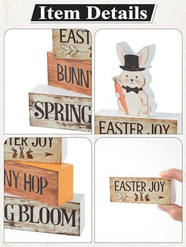Spring Easter Dec Bunny Wooden Tabletop Decor with Easter Joy/Bunny Hop/Spring Bloom Signs, Spring Farmhouse Spring Table Decorations for Home Indoor, Green Purple Beige Wood Blocks Set of 4 - size: Easter Rabbits-B