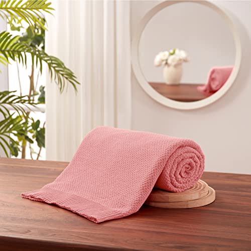 TREELY 100% Cotton Pink Knitted Throw Blanket 50"x60" - color: Pink, size: Throw(50" x 60")