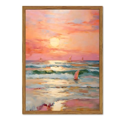 Framed Pink Coastal Canvas Wall Art, Beach Sunset Sailboat Pictures Wall Decor, Pastel Ocean Landscape Paintings Prints Beachy Home Decor for Living Room Bedroom Bathroom Dorm 12x16 inch - color: Pink Beach, size: 16"L x 12"W