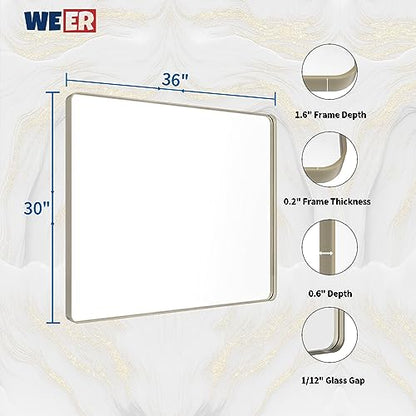 WEER Bathroom Vanity Mirror Brushed Nickel 36X30 Inch - color: Brushed Nickel, size: 36"L x 30"W