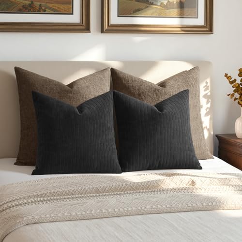 MIULEE Set of 2 Black Textured Striped Throw Pillow Covers 20x20 Inch - color: Black, size: 20" x 20" (Pack of 2)