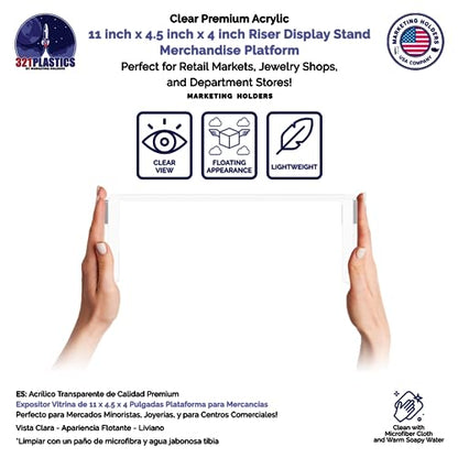 Marketing Holders 2 Pack Clear Acrylic Riser Display Stand 11 Wide x 4.5 Deep Merchandising Showcase Fixture Retail Stores and Boutiques Throne Small Figurines and Products Platform - size: 11"W x 4.5"D x 4"H