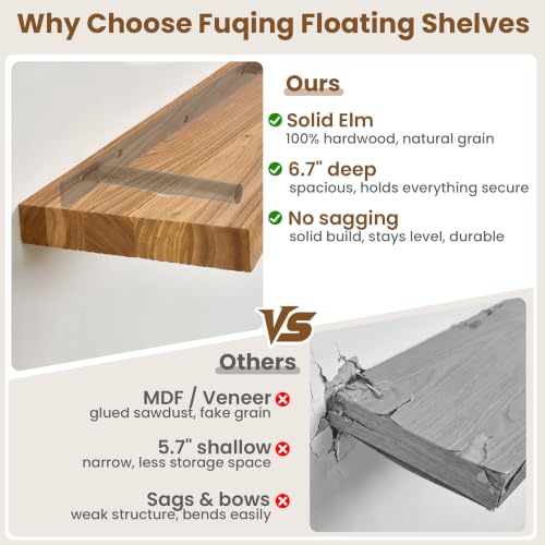 fuqing Floating Shelves for Wall, 16 Inch Rustic Solid Elm Wood Shelves - color: Natural Elm Flat Edge - 6.7"d, size: 16"L - 2Packs