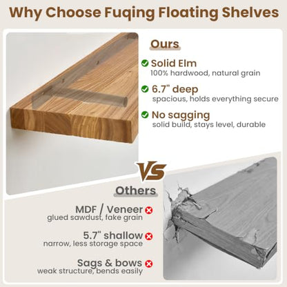 fuqing Floating Shelves for Wall, 16 Inch Rustic Solid Elm Wood Shelves - color: Natural Elm Flat Edge - 6.7"d, size: 16"L - 2Packs