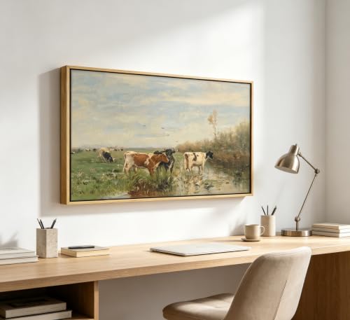 Large Wood Framed Vintage Cows Wall Art,Farm Field Landscape Canvas Print,Valley cattle herd Nature Country Painting,Picture Bedroom Wall Decor Gifts for Friends or Family - color: cow, size: 32"L x 16"W