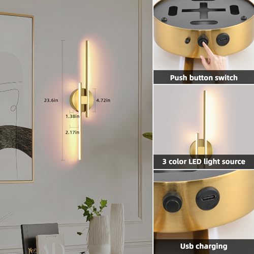 Battery Operated Wall Sconce Set of 2,Gold 23.6" 3000K-6500K LED Dimmable Wall Sconces with Remote Control,Wireless Wall Light USB Rechargeable for Bedroom Hallway Living Room Background Wall Lighting - color: Gold, size: 23.6" 2-Pack