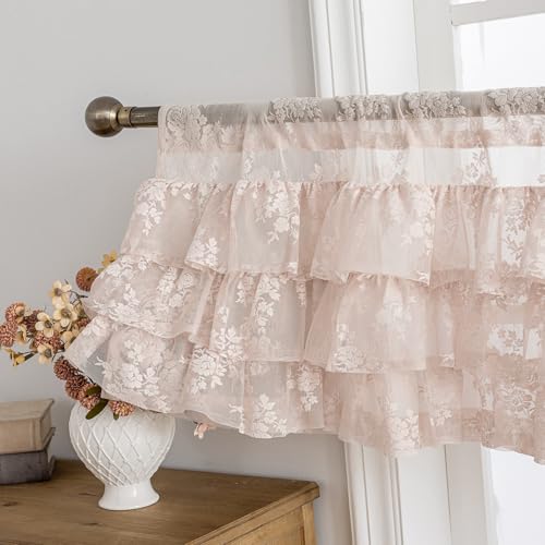 Kotile Blush Pink Ruffle Lace Valance for Windows W52 x L18 Inch, 1 Panel - color: Blush Pink - Ruffle Lace