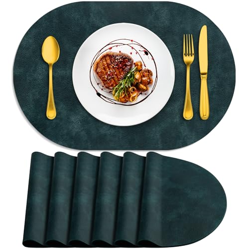 ADRIMER Oval Placemats Set of 6, Wipeable Faux Leather, Dark Blue - color: Dark Blue
