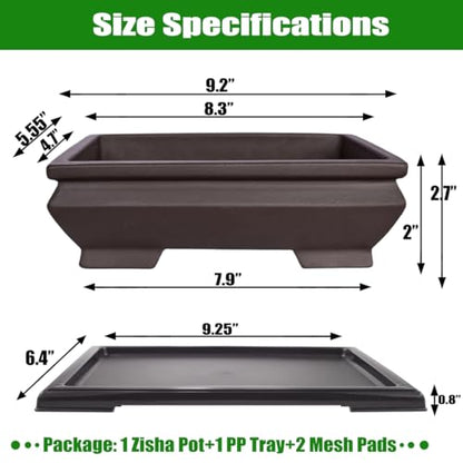 MUZHI Unglazed Ceramic Bonsai Pot with Drainage Tray, Rectangle Vintage Brown Bonsai Planter with 4 Raised Feet for Juniper Maple, Succulent Planter Pot with Drip Tray (Elegant Rectangle) - style: Elegant Rectangle