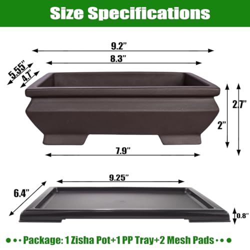 MUZHI Unglazed Ceramic Bonsai Pot with Drainage Tray, Rectangle Vintage Brown Bonsai Planter with 4 Raised Feet for Juniper Maple, Succulent Planter Pot with Drip Tray (Elegant Rectangle) - style: Elegant Rectangle