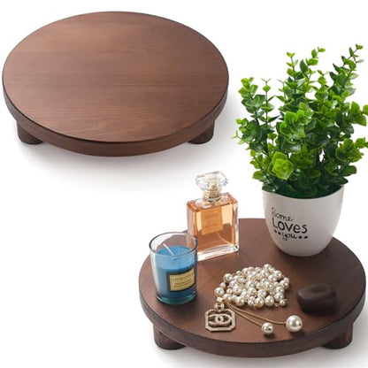 Wood Riser for Decor, 2 Pack Wood Pedestal Stand for Display, Round Wooden Tray for Kitchen Counter, Wooden Pedestal Stand for Plant Pot Indoor (Round - Brown)